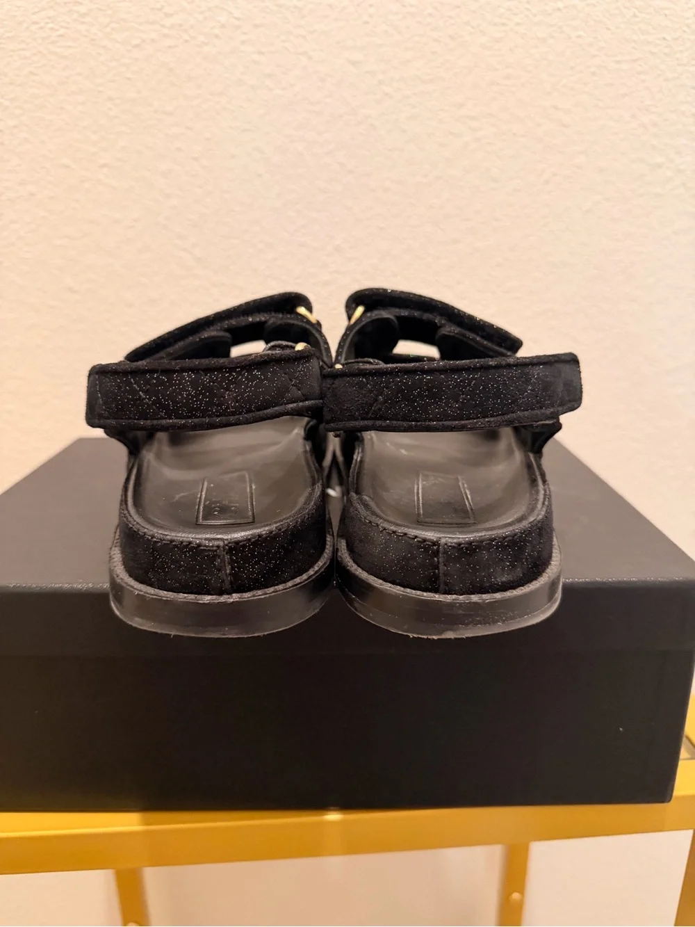 CHANEL Suede Kidskin Glitter Crystal Velcro Dad Sandals 39 Black Silver